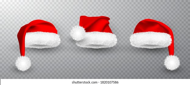 Red Santa Claus hat isolated on transparent background. Gradient mesh Santa Claus cap with fur. Vector illustration.