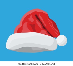 Red santa claus hat isolated on blue background. Hat with fur and pompon. Happy new year decoration. Merry christmas clothes holiday. New year and xmas celebration. Vector illustration in flat style