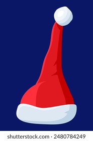 Red Santa Claus Hat Isolated on Blue Background. Hat with Fur and Pompon. Happy New Year Decoration. Merry Christmas Clothes Holiday. New Year and Xmas Celebration. Vector Illustration in Flat Style