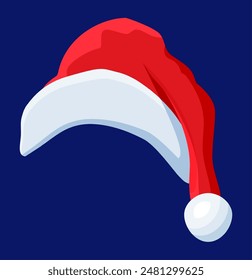 Red Santa Claus Hat Isolated on Blue Background. Hat with Fur and Pompon. Happy New Year Decoration. Merry Christmas Clothes Holiday. New Year and Xmas Celebration. Vector Illustration in Flat Style