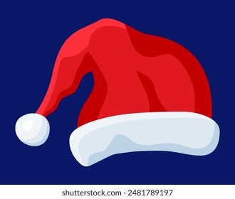 Red Santa Claus Hat Isolated on Blue Background. Hat with Fur and Pompon. Happy New Year Decoration. Merry Christmas Clothes Holiday. New Year and Xmas Celebration. Vector Illustration in Flat Style