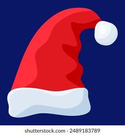 Red Santa Claus Hat Isolated on Blue Background. Hat with Fur and Pompon. Happy New Year Decoration. Merry Christmas Clothes Holiday. New Year and Xmas Celebration. Vector Illustration in Flat Style