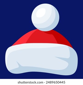 Red Santa Claus Hat Isolated on Blue Background. Hat with Fur and Pompon. Happy New Year Decoration. Merry Christmas Clothes Holiday. New Year and Xmas Celebration. Vector Illustration in Flat Style