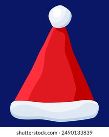 Red Santa Claus Hat Isolated on Blue Background. Hat with Fur and Pompon. Happy New Year Decoration. Merry Christmas Clothes Holiday. New Year and Xmas Celebration. Vector Illustration in Flat Style