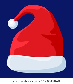 Red Santa Claus Hat Isolated on Blue Background. Hat with Fur and Pompon. Happy New Year Decoration. Merry Christmas Clothes Holiday. New Year and Xmas Celebration. Vector Illustration in Flat Style