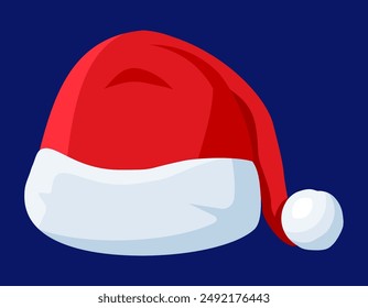 Red Santa Claus Hat Isolated on Blue Background. Hat with Fur and Pompon. Happy New Year Decoration. Merry Christmas Clothes Holiday. New Year and Xmas Celebration. Vector Illustration in Flat Style