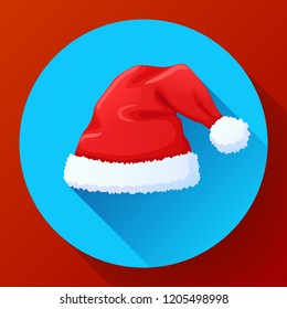 Red Santa Claus hat, New Year cap. Red hat with white pompon. Christmas clothes, holiday symbol. Vector illustration in flat style.