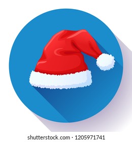 Red Santa Claus hat, New Year cap. Red hat with white pompon. Christmas clothes, holiday symbol. Vector illustration in flat style.