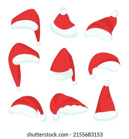 Red Santa Claus hat. New Year's headdress. Vector set in a flat style on a white background.