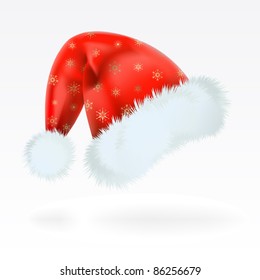 Red Santa Claus hat with the pattern of golden snowflakes . Mesh.