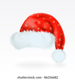 Red Santa Claus hat with the pattern of golden snowflakes . Mesh.