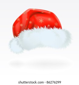 Red Santa Claus hat with the pattern of golden snowflakes . Mesh.