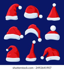 Red Santa Claus Hat Set Isolated on Blue. Hat with Fur and Pompon. Happy New Year Decoration. Merry Christmas Clothes Holiday. New Year and Xmas Celebration. Vector Illustration in Flat Style