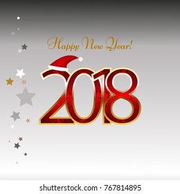 Red Santa Claus hat and silver and golden stars on a gray background. Happy New Year 2018.