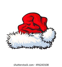 red Santa Claus hat, sketch style vector illustration isolated on white background. Collection of traditional Santa Clause cap, Xmas celebration