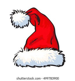 red Santa Claus hat, sketch style vector illustration isolated on white background.