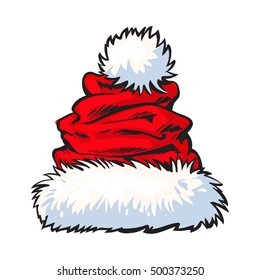 red Santa Claus hat, sketch style vector illustration isolated on white background. Collection of traditional Santa Clause cap, Xmas celebration