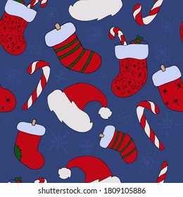 red santa claus hat, sock with treats and gifts and sugar cane on blue background, cute picture for new year and christmas, vector seamless pattern in doodle style