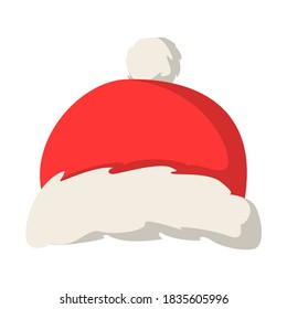Red Santa Claus hat vector isolated. Christmas decoration element, cap as a part of traditional costume. Red and white fur.