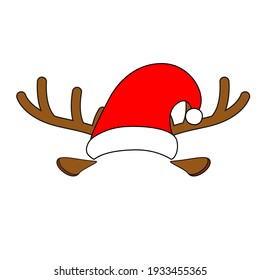 Red Santa Claus hat with white fur and hoop in the form of deer antlers. Vector objects isolated on white background.  Christmas collection