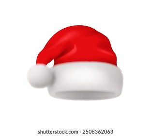 Red Santa Claus hat with white fur, realistic 3d vector illustration. New Year red hat for video chat effects. Vector illustration of xmas selfie filter character. Holiday Santa wear accessory