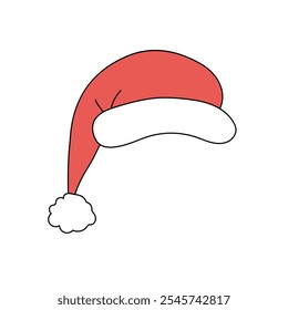 Red Santa Claus hat with white fur and pom-pom. Doodle illustration on white background, Christmas decoration concept