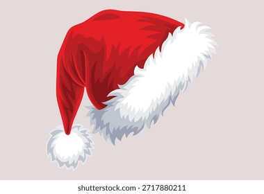 Sombrero rojo de Santa Claus con el ajuste blanco de la piel y el pompón, aislados en un fondo claro. Navidades clásicas y símbolos de vacaciones de invierno ideales para diseños festivos, saludos, promociones y gráficos de temporada.
