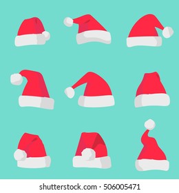 Red Santa Claus hats isolated on colorful background. Symbol of Christmas holiday. Vector santa hat set