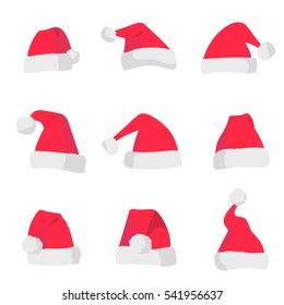 Red Santa Claus hats isolated on colorful background. Symbol of Christmas holiday. Vector santa hat set