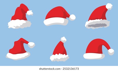 Red Santa Claus Hats Set. New Year or Christmas Hat Isolated on Blue Background. Winter Cap. Vector illustration.