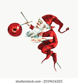 Red Santa Claus illustration. Vintage Santa in red suit. Santa Claus vintage illustration hold Christmas bauble. Vintage Christmas illustration of Santa Claus