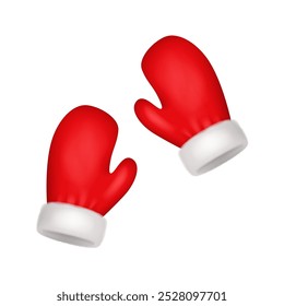 Red Santa Claus mittens with white fur, realistic 3d vector illustration. New Year gloves, vector illustration of Xmas holiday Santa wear accessory, warm mittens winter cloth