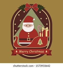 Red Santa Claus sleigh on Merry Christmas badge and label design.