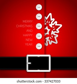 Red Santa Claus suit, black belt, white buttons and paper snowflake, concept for greeting or postal card, vector illustration