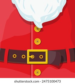 Red santa claus suit. Leather belt with gold buckle, white beard with buttons. Happy new year decoration. Merry christmas holiday. New year and xmas celebration. Vector illustration in flat style