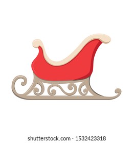 Red Santa Clous sleigh in flat cartoon style. Christmas and New Year decoration element. Vector illustration isolated on white background.