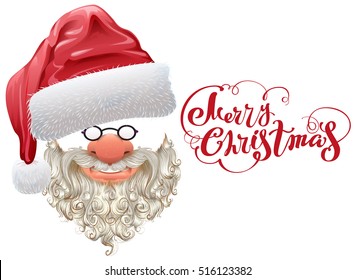 Red santa hat, beard and Merry Christmas lettering. Isolated vector illustration