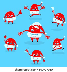Red Santa Hat Christmas Cartoon Character Set Collection Concept Blue Snow Background Illustration