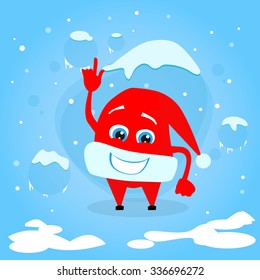 Red Santa Hat Christmas Point Finger Up Show Empty Copy Space Cartoon Character Concept Blue Snow Background Flat Vector Illustration