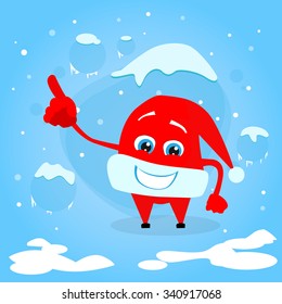 Red Santa Hat Christmas Pointing Finger Up Showing Empty Copy Space Cartoon Character Concept Blue Snow Background Illustration