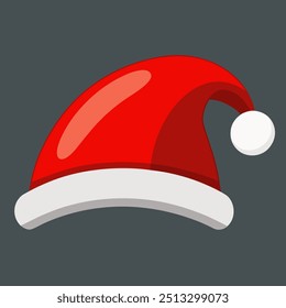 A red Santa hat with a fluffy white pom pom on a gray background