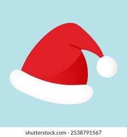 Red Santa hat with halftone texture. Christmas accessory in flat design. Vector illustration.