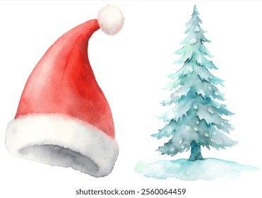 A red Santa hat is next to a blue Christmas tree. The hat is red and white, and the tree is green and covered in snow. The image conveys a festive and joyful mood