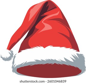 Red Santa hat on transparent background. Vector illustration of volumetric red Santa hat.