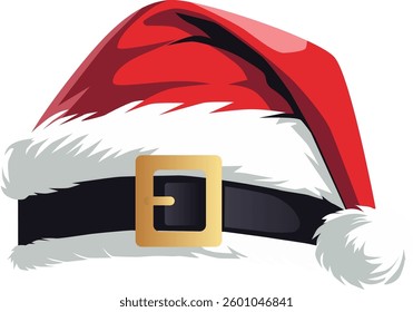 Red Santa hat on transparent background. Vector illustration of volumetric red Santa hat.