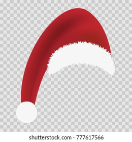 Red Santa hat on transparent background. Template design for Happy New Year and Merry Christmas. Mock up for greeting card, discount banner, web or print.  Vector illustration