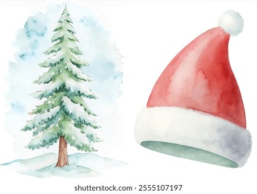 A red Santa hat is placed on top of a Christmas tree. The hat is adorned with a white sash, adding a festive touch to the scene. The tree is surrounded by a snowy landscape, creating a cozy