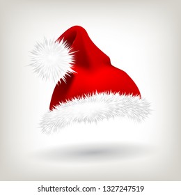 Red Santa Hat Vector. Party Icon. Head Background. Holiday Icon. Santa Claus Holiday Red And White Cap. Winter Christmas Design. Isolated Realistic Illustration