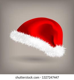 Red Santa Hat Vector. Snow Clothing. Celebration Object. Seasonal Accessory. Santa Claus Holiday Red And White Cap. Winter Christmas Design. Isolated Realistic Illustration