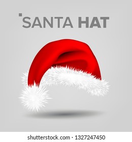 Red Santa Hat Vector. Traditional Costume. Winter Symbol. December Sign. Santa Claus Holiday Red And White Cap. Winter Christmas Design. Isolated Realistic Illustration